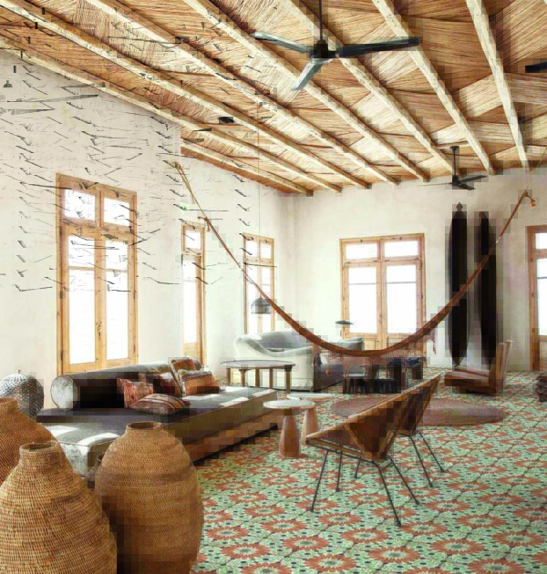 A room with a hammock and some chairs