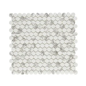 A white and gray tile floor with a pattern of small circles.