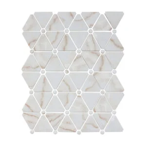 A white tile with brown and beige triangles