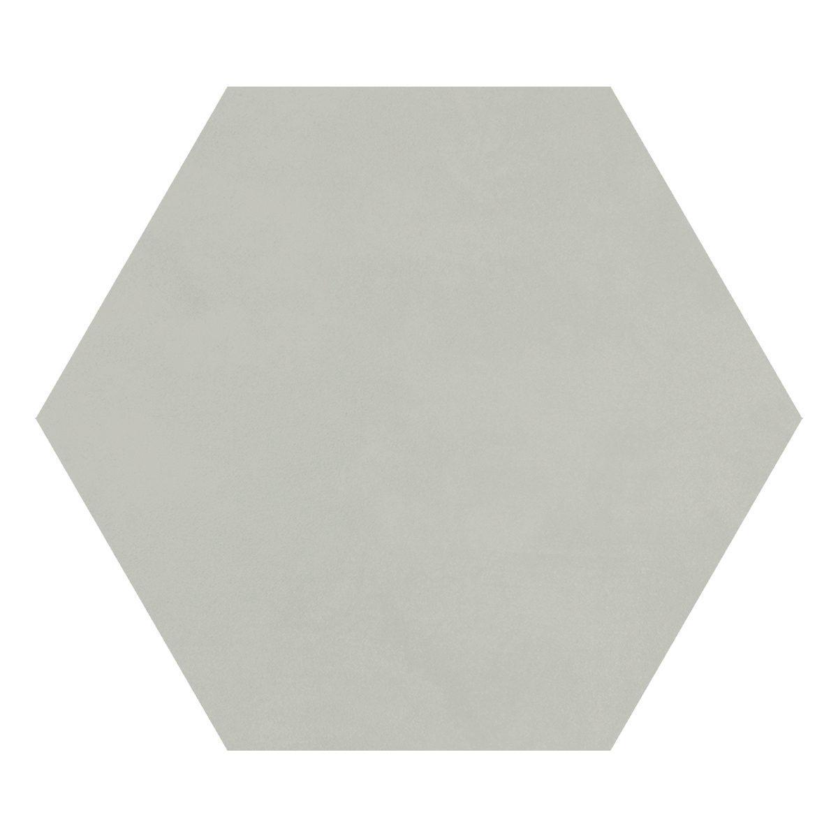 A gray hexagonal tile floor with no grout.