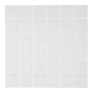 A white tile floor with no grout.