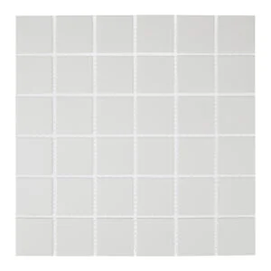 A white tile floor with no grout.