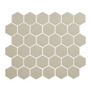 A beige tile floor with white grout.