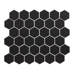 A black tile floor with white grout.