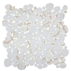 A white tile floor with many small pieces of glass.