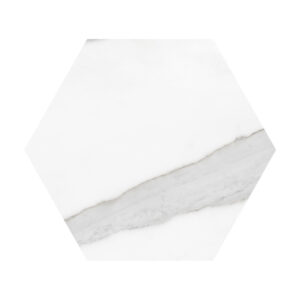 A white hexagonal tile with a gray stripe on it.