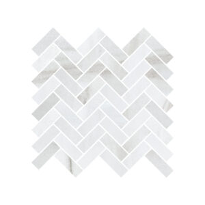 A white herringbone tile pattern with gray grout.