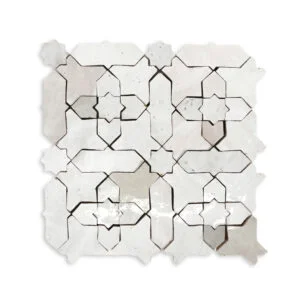 A white tile floor with many different shapes